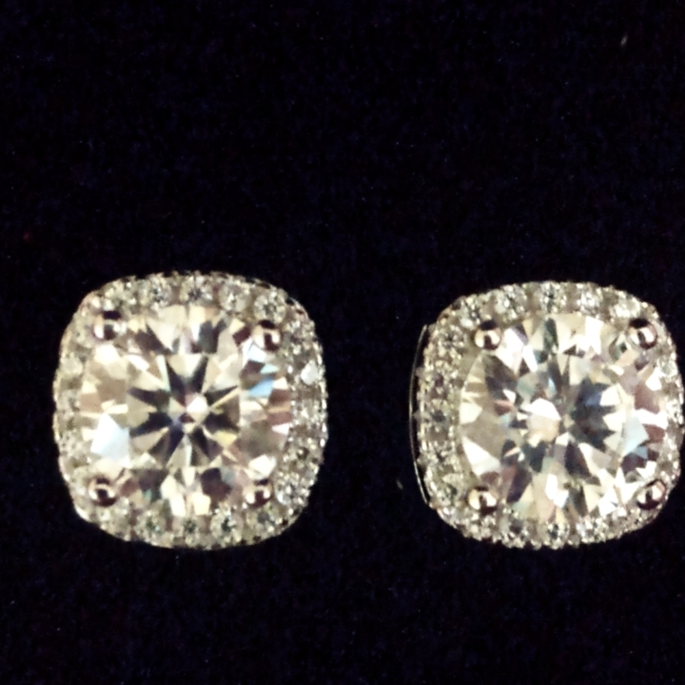 Certified 1ct. t.w. Diamond Moissanite Princess Halo Stud Earrings NEW